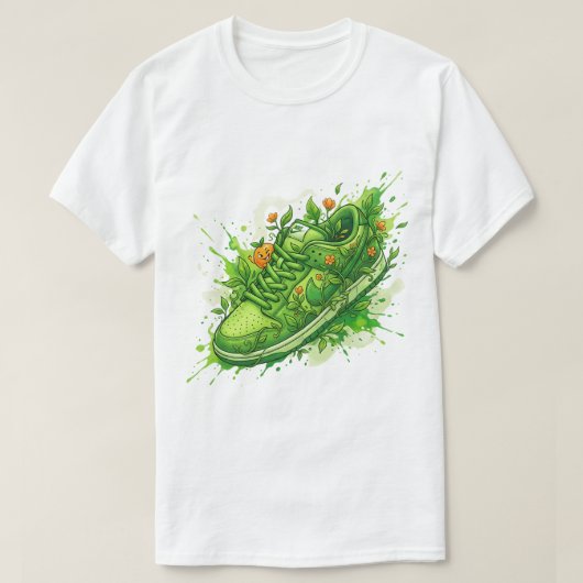 グリーン フローラル スニーカー アート Tシャツ (デザイン正面)