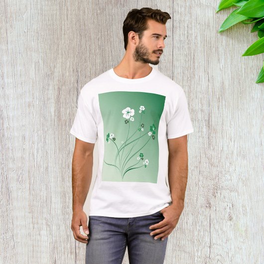 グリーン フローラル スワールと白い花 Tシャツ