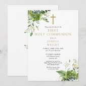 グリーン フローラル モノグラム 初めての聖体拝領 セーブザデート (正面/裏面)