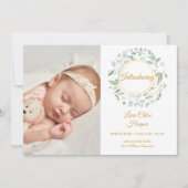 グリーン フローラル 4 枚の写真 赤ちゃんの誕生のお知らせ 案内状 (正面)