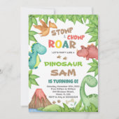 グリーン&ブラウン恐竜誕生日招待状 招待状 (正面)