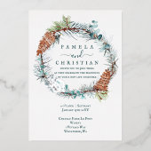 グリーン、ブラウン、シルバー 松ぼっくりリース、ユーカリ 箔招待状 (正面)