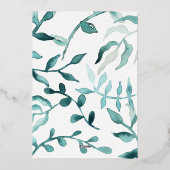 グリーン、ブラウン、シルバー 松ぼっくりリース、ユーカリ 箔招待状 (裏面)