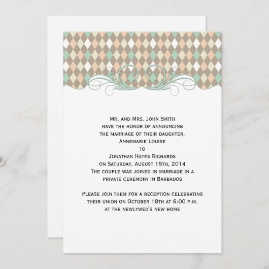 グリーン ブラウン ピーチ ハーレクイン 結婚発表 招待状 (正面/裏面)