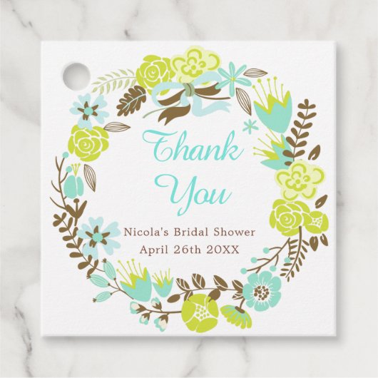 グリーン＆ブラウン フラワーリース ブライダルシャワー フェイバータグ (正面)