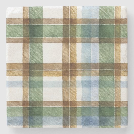 グリーン ブラウン ブルー Plaid ストライプ ストーンコースター (正面)