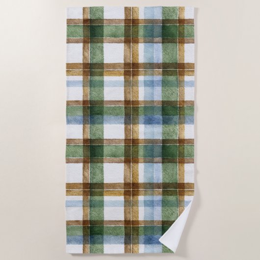 グリーン ブラウン ブルー Plaid ストライプ ビーチタオル (正面)