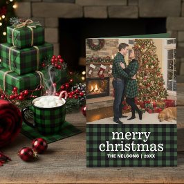グリーン＆ブラックのバファロー・チェック柄 メリークリスマス 写真入り シーズンカード