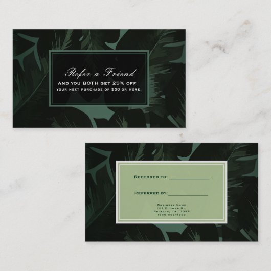 グリーン&ブラックシックなトロピカル離れトロピカルが友達を参照 紹介カード (正面/裏面)