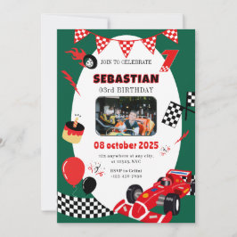 グリーン&ブラックレース誕生日招待状 – 写真付き 招待状