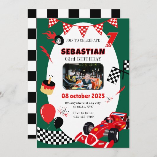 グリーン&ブラックレース誕生日招待状 – 写真付き 招待状 (正面/裏面)