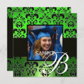 グリーン ブラック グラデーション ダマスク  モノグラム シャンパン 招待状 (正面/裏面)