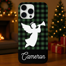 グリーン&ブラック・タータンチェック+カスタムエンジェルネーム iPhone 16 PRO MAXケース