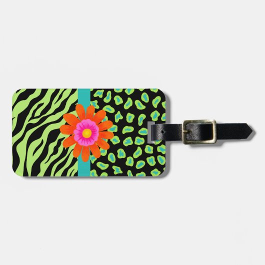 グリーン、ブラック&ティール(緑がかった色)ゼブラ&チータオレンジフラワー ラゲッジタグ (正面横)