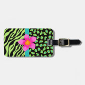 グリーン、ブラック&ティール(緑がかった色)ゼブラ&チータピンクの花 ラゲッジタグ (正面横)
