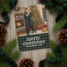 グリーン＆ブラック バッファロー プリントのメリークリスマス 写真入り シーズンカード