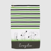 グリーン、ブラック、ホワイトのストライプ猫ゴルファー ゴルフタオル (正面)