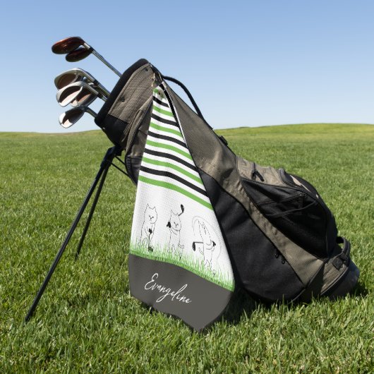 グリーン、ブラック、ホワイトのストライプ猫ゴルファー ゴルフタオル (グリーン)