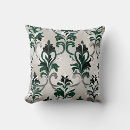 グリーン、ブラック、ホワイト、シルバーのダマスクスタイル クッション