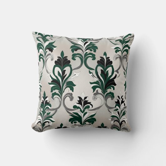 グリーン、ブラック、ホワイト、シルバーのダマスクスタイル クッション (正面)