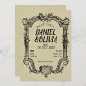 グリーン ブラック ヴィンテージ クラシック ウェディング 招待状 (正面/裏面)