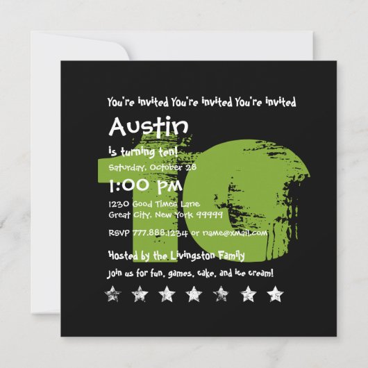 グリーン ブラック 10歳の誕生日パーティー 10才 V02B1 招待状 (裏面)