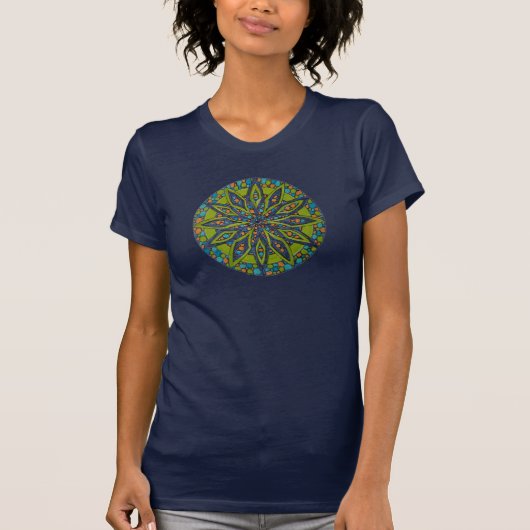 グリーン/ブルーのスターバースト曼荼羅Tシャツ Tシャツ (正面)