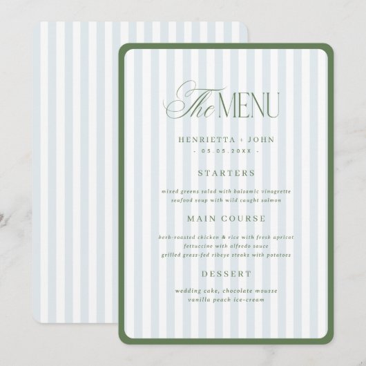 グリーン&ブルーストライプスボーダー結婚式メニューカード 招待状 (正面/裏面)