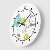 グリーン&ブルーフラワーモダンデザイン ラージ壁時計 (傾斜)
