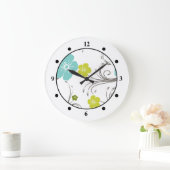 グリーン&ブルーフラワーモダンデザイン ラージ壁時計 (ホーム)