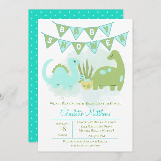 グリーン ブルー かわいい 恐竜 ママとベビーシャワー 招待状 (正面/裏面)