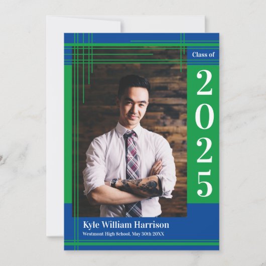 グリーン ブルー スクール カラー 卒業 フォト プラッド 招待状 (正面)