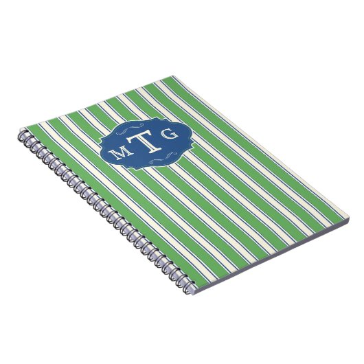 グリーン ブルー ストライプ クラシック 3文字 モノグラム ノートブック (右側)