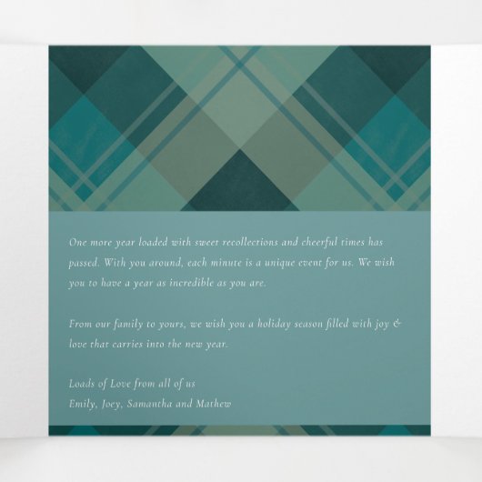 グリーン ブルー ティール プラッド 7 枚の写真 楽しいクリスマス 三つ折りクリスマスカード (内部中)