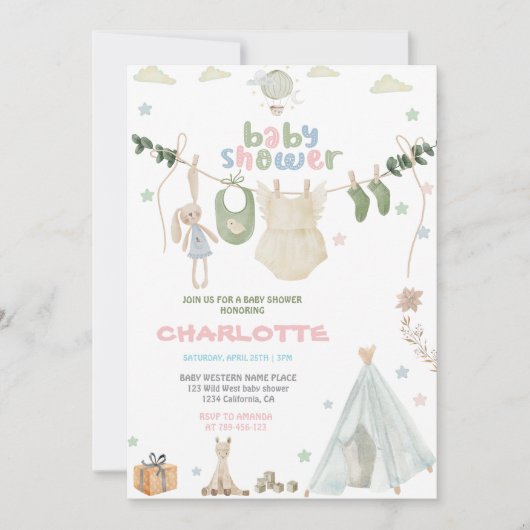 グリーン、ブルー、ピンクの水彩 ベイビーシャワー 招待状 (正面)