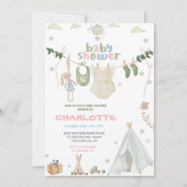 グリーン、ブルー、ピンクの水彩 ベイビーシャワー 招待状