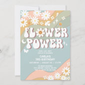 グリーン ブルー フラワーパワー ヒッピーの70年代 レトロ 誕生日 招待状 (正面)