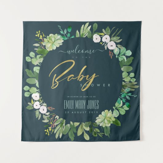 グリーン ブルー 植物 水彩 ベビー シャワー ウェルカム タペストリー (正面)