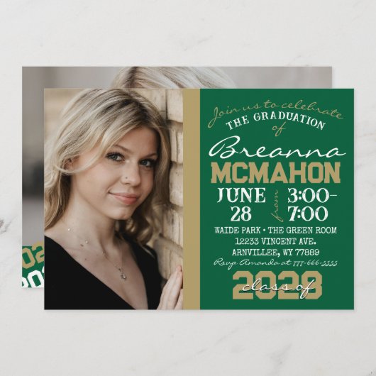 グリーン&ブロンズ金ゴールド卒業2フォト招待状 招待状 (正面/裏面)