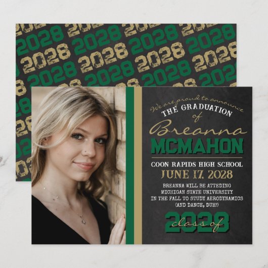 グリーン & ブロンズ 黒板 卒業おめでとうの発表 招待状 (正面/裏面)