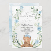 グリーン ベア ブルー 花柄 男の子 ベビーシャワー 招待状 (正面/裏面)