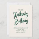 グリーン&ベージュシックレタリングスクリプトバースデーパーティー 招待状 (正面)