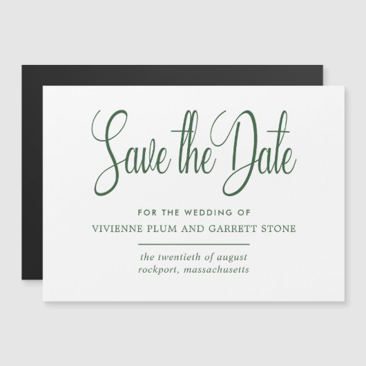 グリーン＆ホワイトのカリグラフィー結婚式 Save the Date マグネット招待状 (正面/裏面)