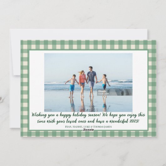 グリーン&ホワイトのチェック柄 オーダーメイド 写真 クリスマスカード (裏面)