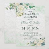 グリーン＆ホワイトの水彩花のエンゲージメントカード 招待状 (正面/裏面)