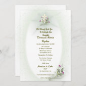 グリーン＆ホワイトの花柄 洗礼招待状 招待状 (正面/裏面)