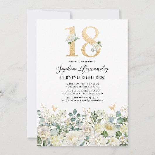 グリーン&ホワイトの花柄 18歳の誕生日パーティー 招待状 (正面)