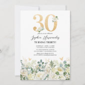 グリーン＆ホワイトの花柄 30歳の誕生日パーティー 招待状 (正面)