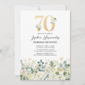 グリーン＆ホワイトの花柄 70歳の誕生日パーティー 招待状 (正面)