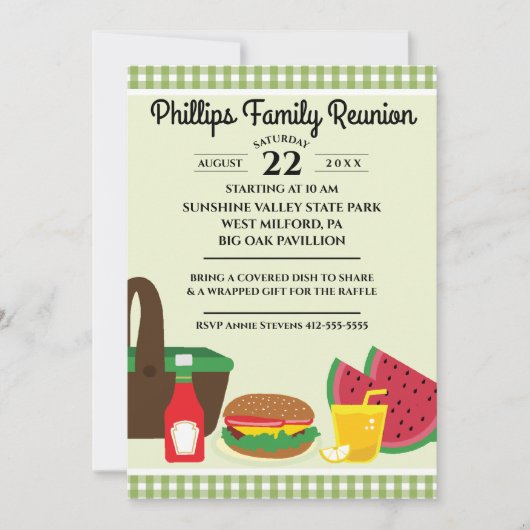 グリーン&ホワイトテーブルクロスピクニックファミリー懇親会 招待状 (正面)